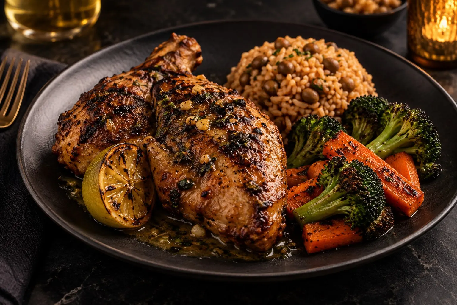 Pollo al mojo con arroz con gandules y vegetales asados