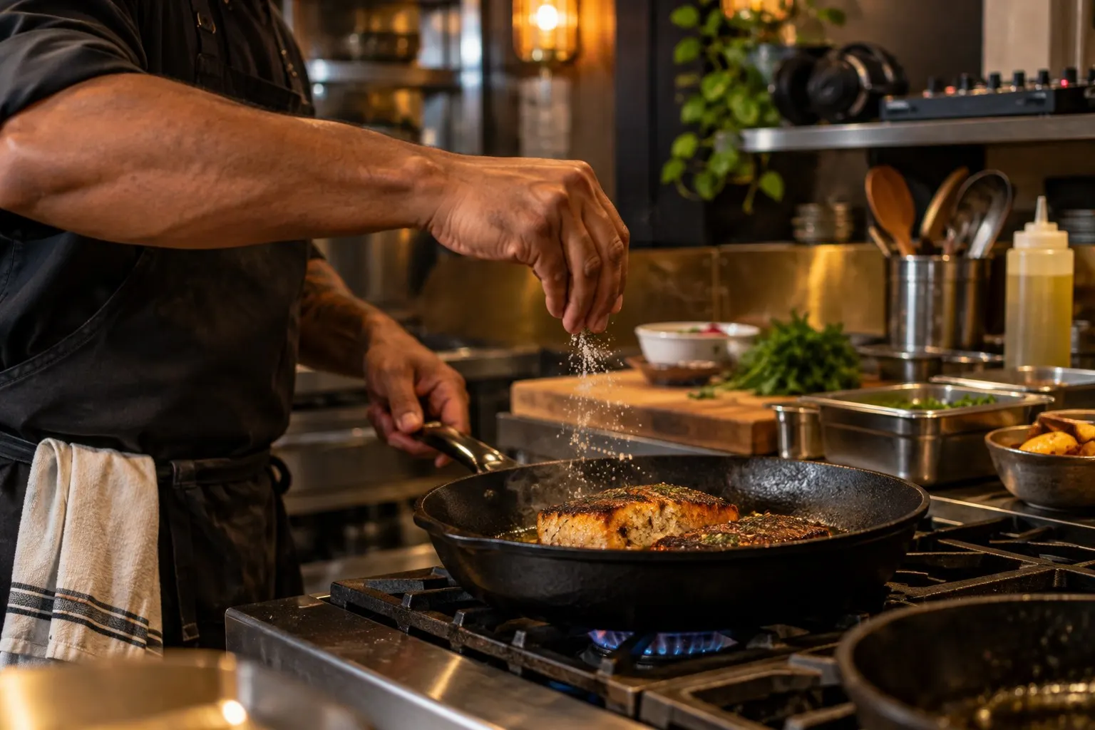 Chef sazonando proteína en la cocina de La Sesión