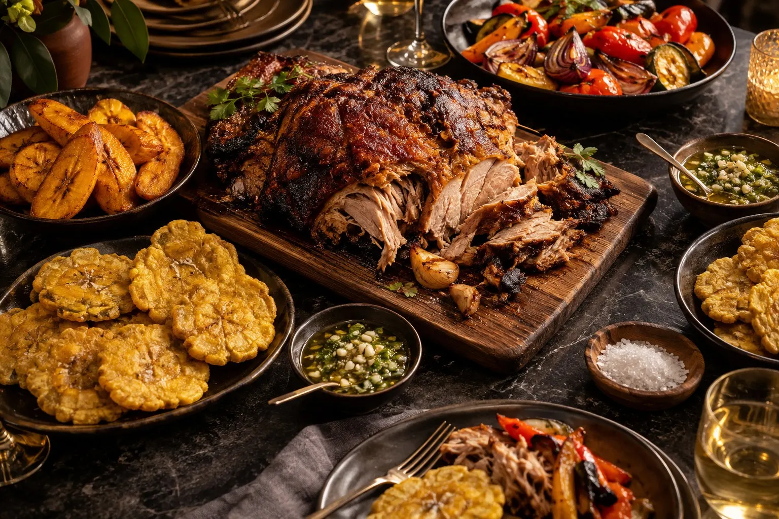 Mesa criolla con pernil, tostones y amarillos
